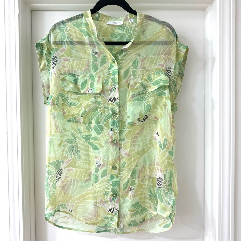Equipment Green Tropical Floral Button Down Short Sleeve Blouse, Size Medium